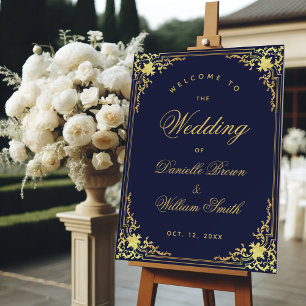 Navy Blue Faux Gold Vintage Ornate Wedding Welcome Foam Board