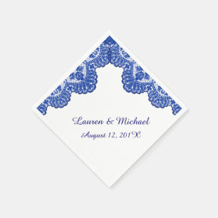 Navy Blue Faux Lace on White Wedding Paper Napkins