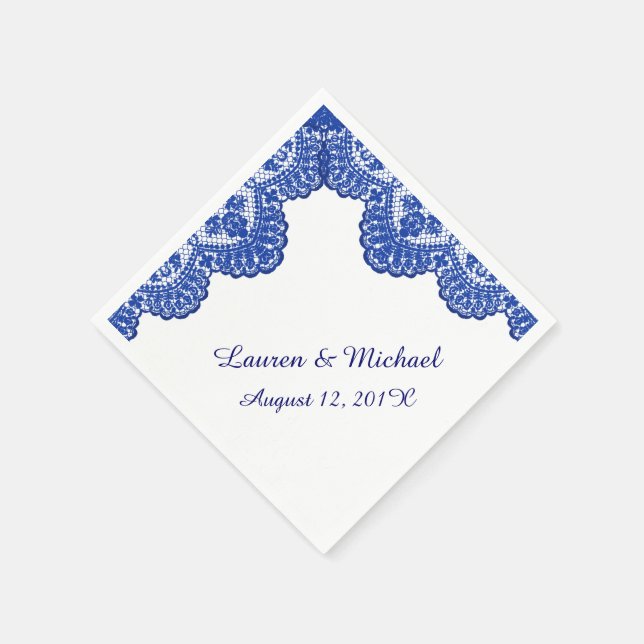 Navy Blue Faux Lace on White Wedding Paper Napkins (Corner)