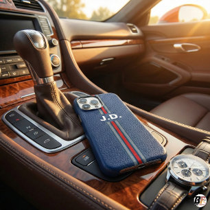 Navy Blue Faux Leather Texture Red Sport Stripe Mo iPhone 17 Pro Max Case