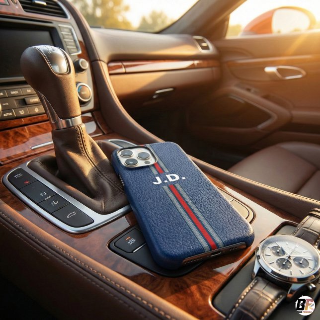 Navy Blue Faux Leather Texture Red Sport Stripe Mo Case-Mate iPhone Case (Creator Uploaded)