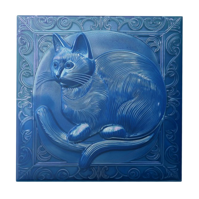 Navy Blue faux relief Art Nouveau Cat Ceramic Tile (Front)