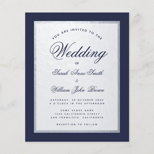 Navy Blue Faux Silver Budget Wedding Invitation