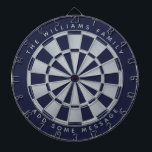 Navy Blue Faux Silver Custom Family Name Geometric Dart Board<br><div class="desc">A classic dartboard design with alternating  navy blue and faux silver foil triangles. 

Above and below there are the name and a message as arched text,  in gray caps.</div>