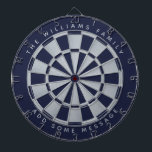 Navy Blue Faux Silver Custom Family Name Geometric Dart Board<br><div class="desc">A classic dartboard design with alternating  navy blue and faux silver foil triangles. 

Above and below there are the name and a message as arched text,  in gray caps.</div>
