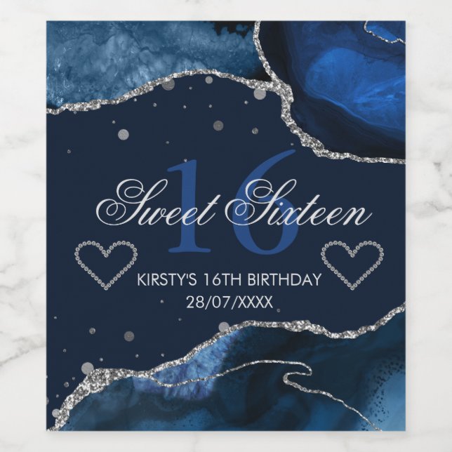 Navy Blue & Faux Silver Glitter Agate Sweet 16 Wine Label (Single Label)