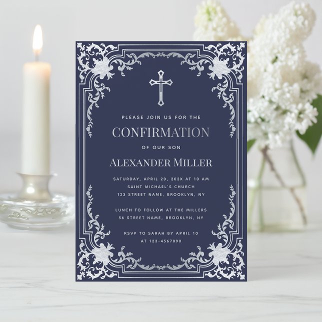 Navy Blue Faux Silver Vintage Boy Confirmation Invitation (Creator Uploaded)