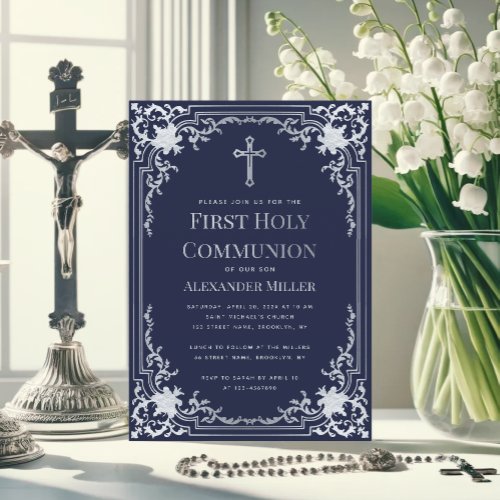 Navy Blue Faux Silver Vintage Boy First Communion Invitation