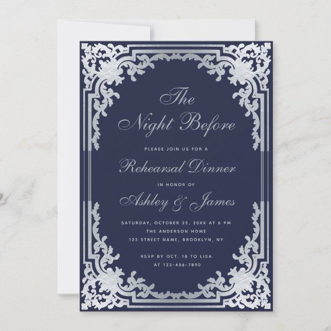 Navy Blue Faux Silver Vintage Rehearsal Dinner Invitation (Front)
