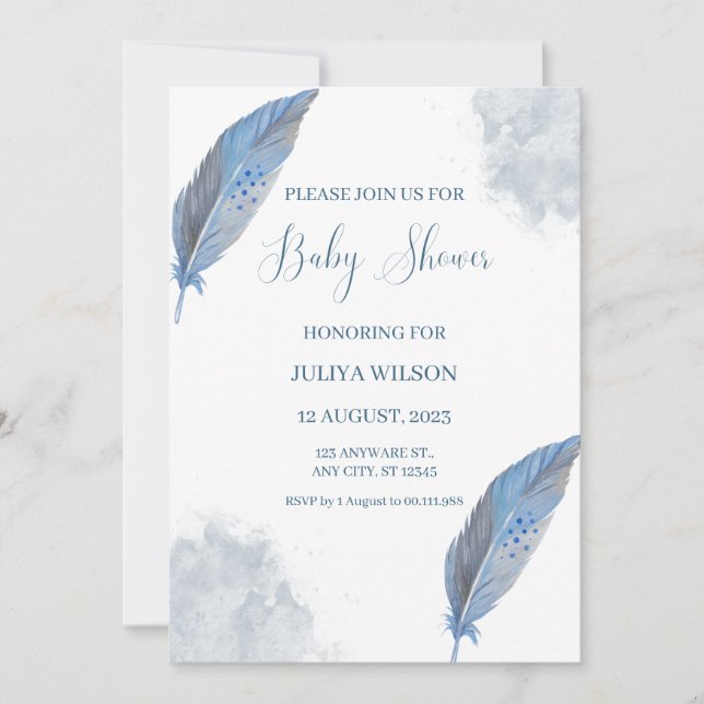 Navy blue feather simple boy baby shower  invitation (Front)