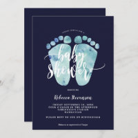 navy blue feet boy baby shower invitation