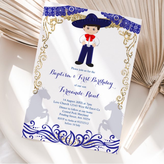 Navy Blue Fiesta Boy Baptism and Birthday  Invitation (Creator Uploaded)