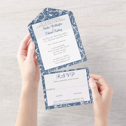 Navy Blue Filigree Paisley Henna Wedding RSVP All In One Invitation