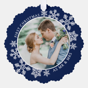Navy Blue First Christmas Mr and Mrs Photo Ornament Card