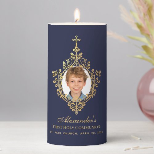 Navy Blue First Communion Boy Photo Faux Gold Foil Pillar Candle