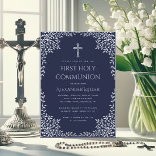 Navy Blue First Communion Boy Vintage Gray Leaves  Invitation