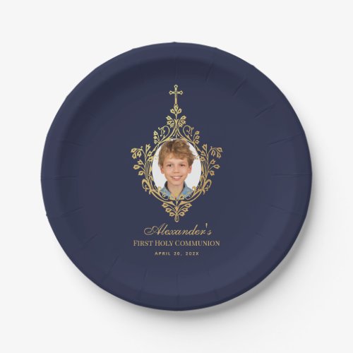 Navy Blue First Holy Communion Boy Photo Faux Gold Paper Plates