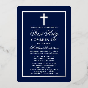 Navy Blue First Holy Communion Cross Silver Foil Invitation
