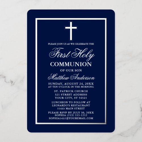 Navy Blue First Holy Communion Cross Silver Foil Invitation