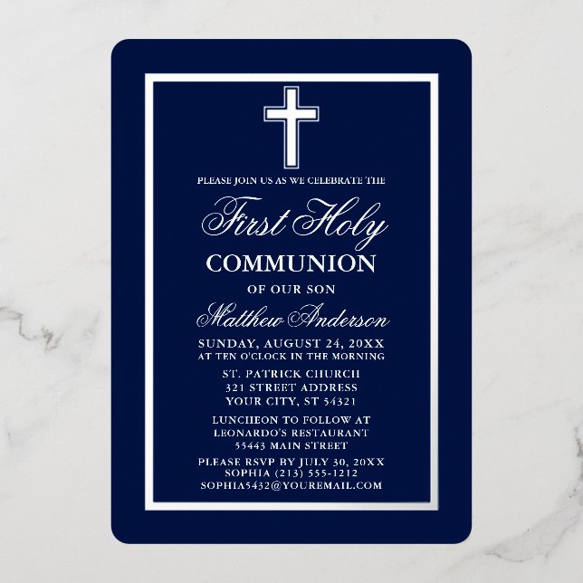 Navy Blue First Holy Communion Cross Silver Foil Invitation (Front)