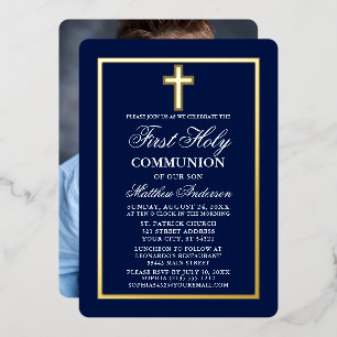 Navy Blue First Holy Communion Photo Cross Gold Foil Invitation