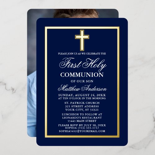 Navy Blue First Holy Communion Photo Cross Gold