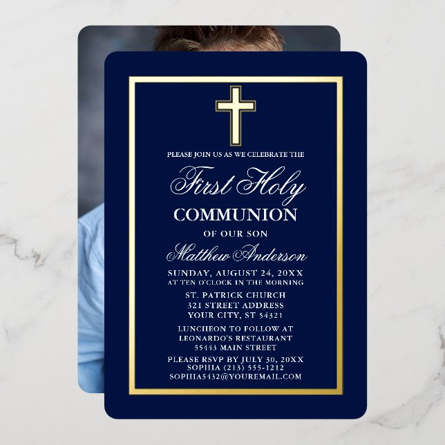 Navy Blue First Holy Communion Photo Cross Gold Foil Invitation (Front/Back)