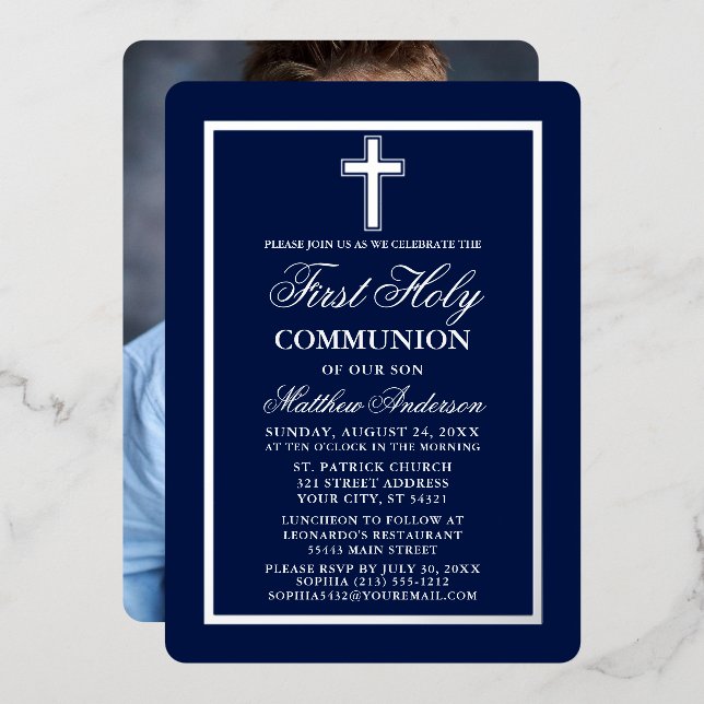 Navy Blue First Holy Communion Photo Cross Silver Foil Invitation (Front/Back)