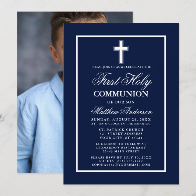 Navy Blue First Holy Communion Photo Invitation (Front/Back)
