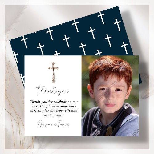 Navy Blue First Holy Communion Thank You Card