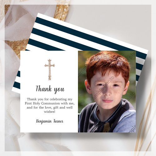 Navy Blue First Holy Communion Thank You Card