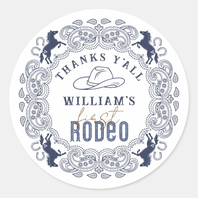 Navy Blue First Rodeo Birthday Favor Sticker – Wes (Front)