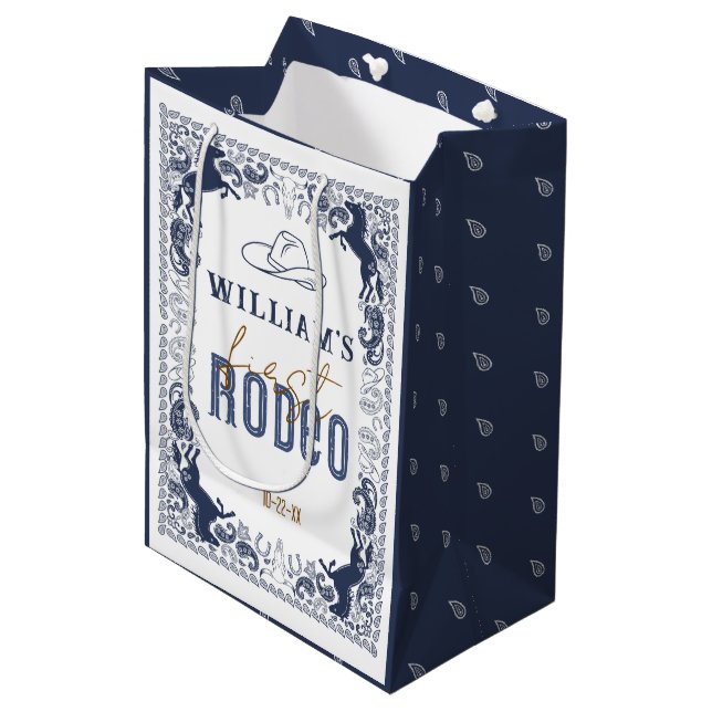 Navy Blue First Rodeo Birthday Gift Bag – Western  (Front Angled)
