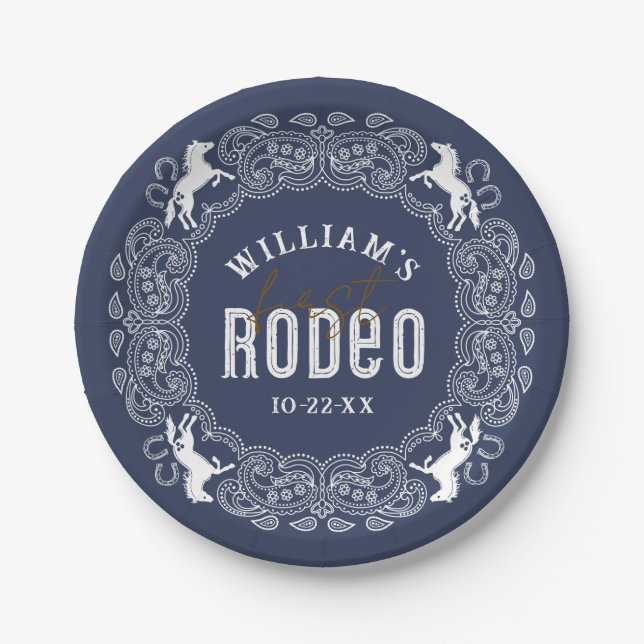 Navy Blue First Rodeo Birthday Paper Plates – West (Front)