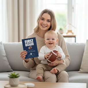 Navy Blue "First Year Down" Football Birthday  Invitation