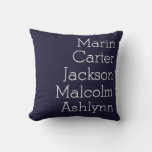 Navy Blue Five Kids Names Personalized Family Throw Pillow at Zazzle