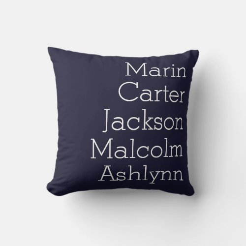 Navy Blue Five Kids Names Personalized Family Throw Pillow