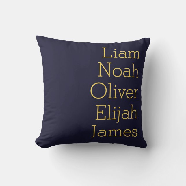 Navy Blue Five Kids Names Personalized Family Throw Pillow (Front)