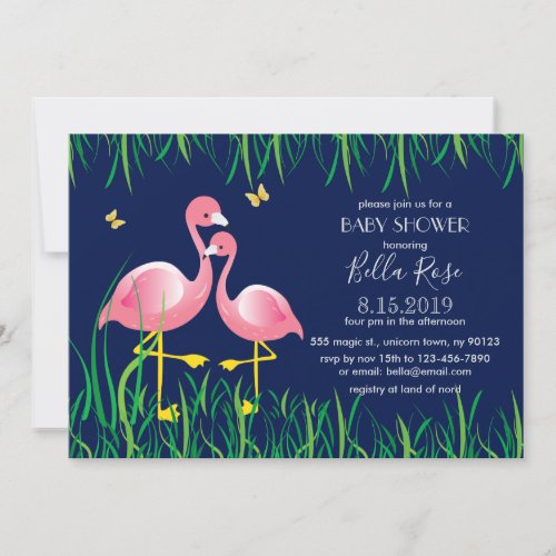 Navy Blue Flamingos Baby Shower Invite