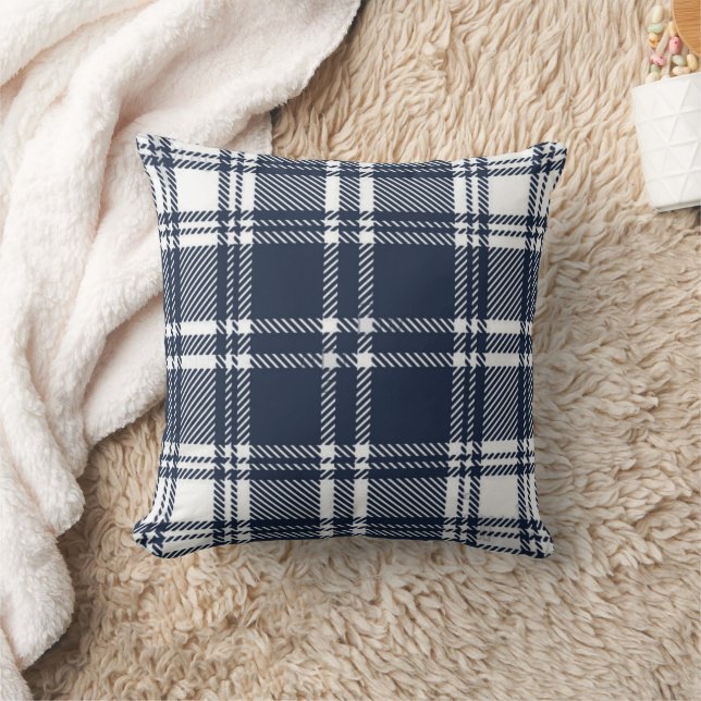 Navy Blue Flannel Plaid Throw Pillow (Blanket)