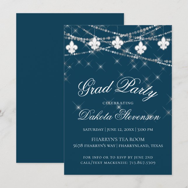 Navy Blue Fleur de Lis Fairy Light | Graduation Invitation (Front/Back)
