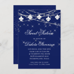 Navy Blue Fleur de Lis Fairy Light Sweet 16 Invitation
