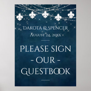 Navy Blue Fleur de Lis Fairy Light Wedding Sign