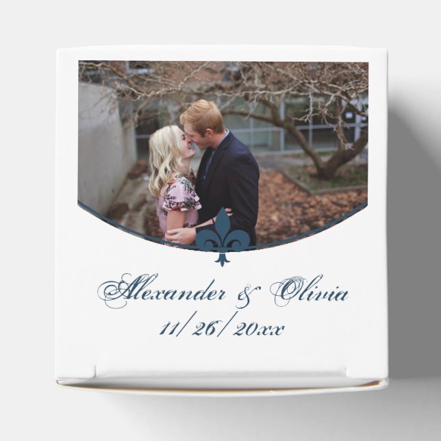 Navy Blue Fleur de Lis Photo Wedding Favor Box (Top)