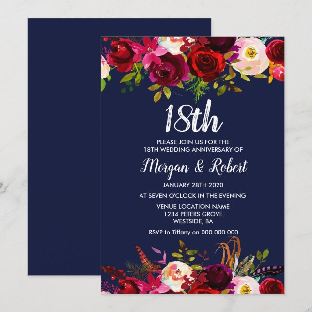 Navy Blue Floral 18th Wedding Anniversary Invite (Front/Back)