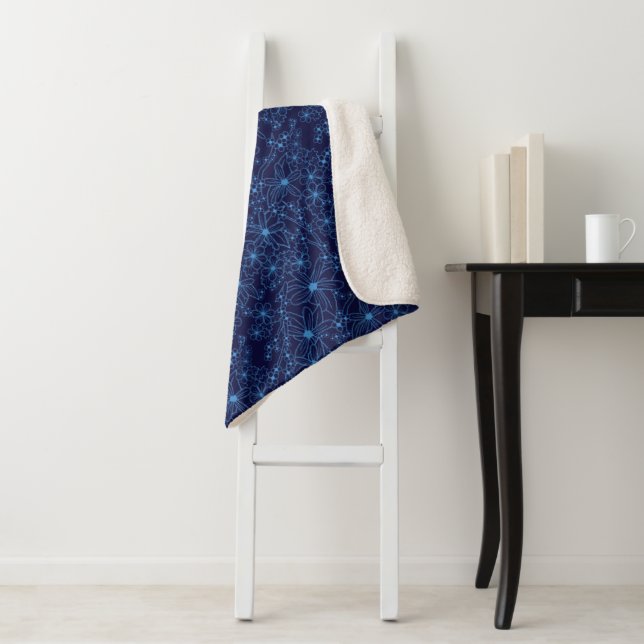 Navy Blue Floral Aesthetic Sherpa Blanket (In Situ)