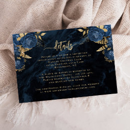 Navy Blue Floral Agate Gold Script Wedding Details Enclosure Card
