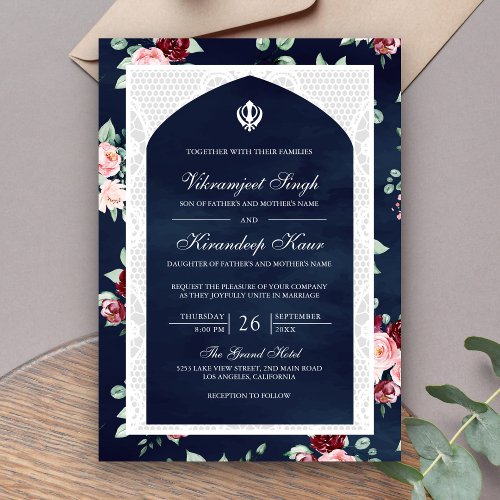 Navy Blue Floral Anand Karaj Punjabi Sikh Wedding Invitation