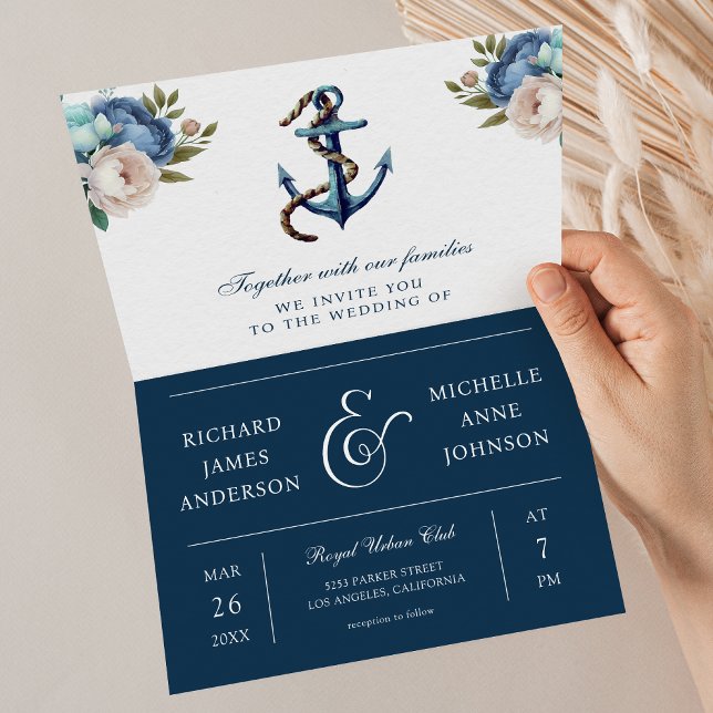 Navy Blue Floral Anchor All in One QR Code Wedding Invitation (Creator Uploaded)