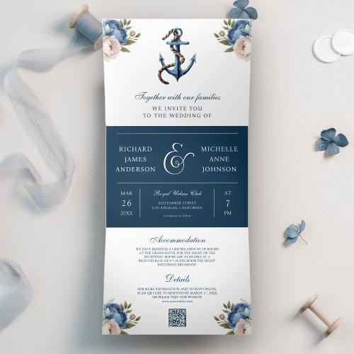 Navy Blue Floral Anchor All in One QR Code Wedding Tri_Fold Invitation